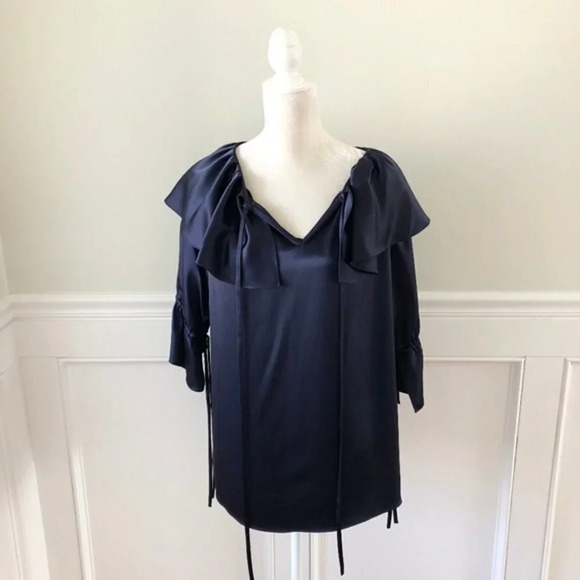 Osman Navy Frilled Blouse Satin Blue Medium - Picture 4 of 7